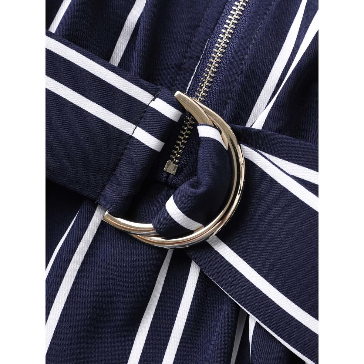 Plus Size Stripe Print Zipper Belted Midi Dress Navy Women Shirt collar Sleeveless Curvy BloomChic 28/5X Product Image