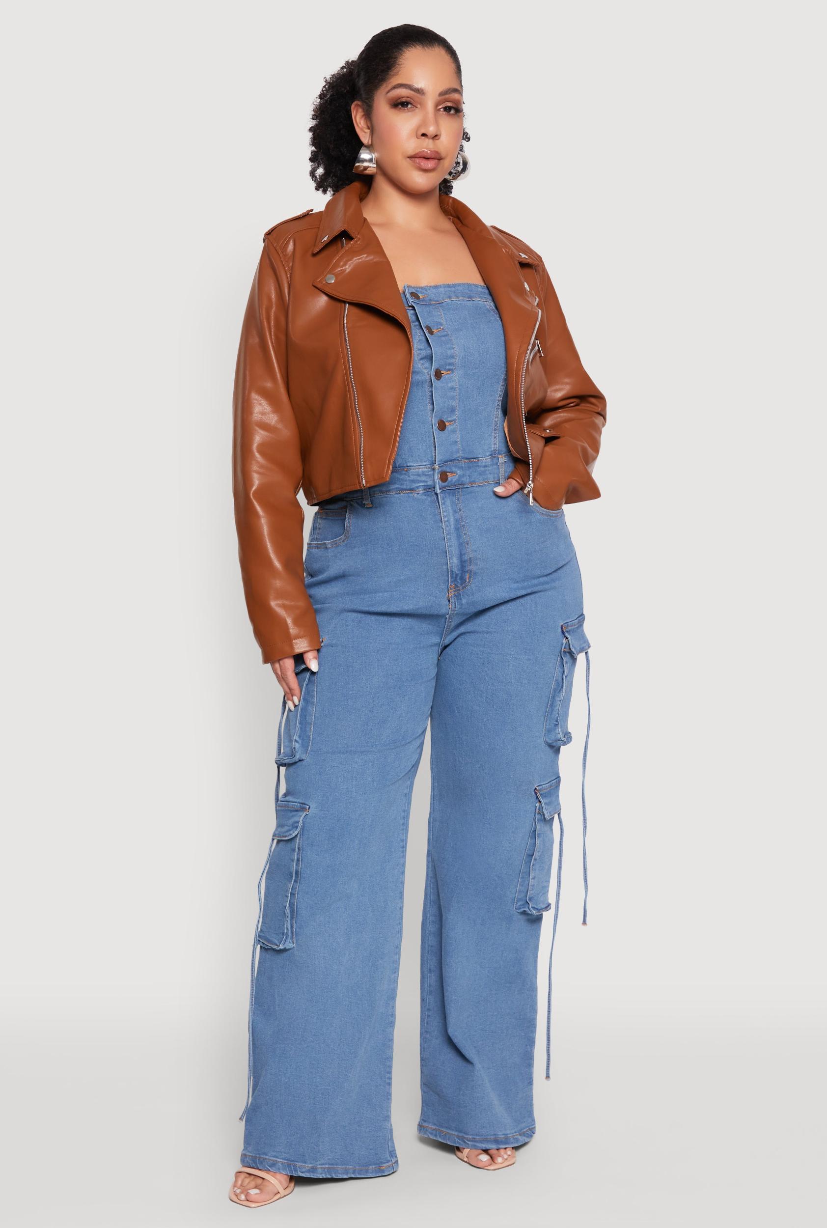 Womens Plus Size Daisy Faux Leather Cropped Moto Jacket Product Image