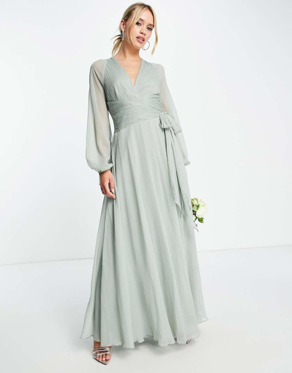 ASOS DESIGN Bridesmaid long sleeve ruched maxi dress with wrap skirt Product Image