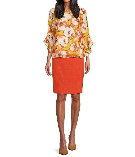 Kasper Floral Printed Crew Neckline Ruffle 3/4 Sleeve Blouse Product Image