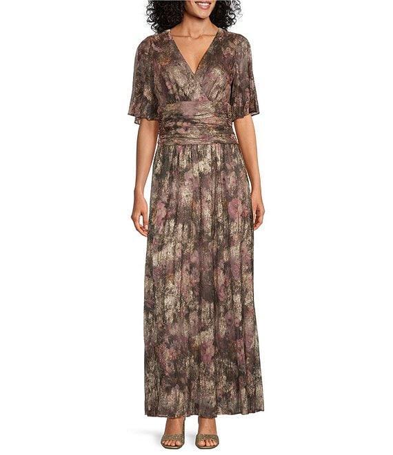 Ignite Evenings Foil Print Shimmer Surplice V-Neck Capelet Short Sleeves A-Line Dress Product Image