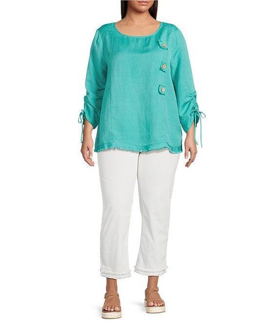 Ali Miles Plus Size Linen Blend Round Neck 3/4 Cinched Tie Sleeve Tunic Product Image