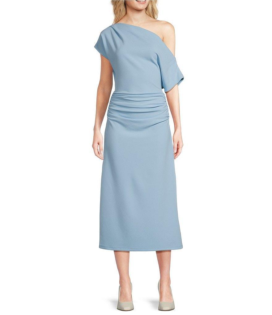 Gibson  Latimer Crepe Knit Asymmetric Neck One Shoulder Off-the-Shoulder Short Sleeve Ruched Sheath Midi Dress Product Image