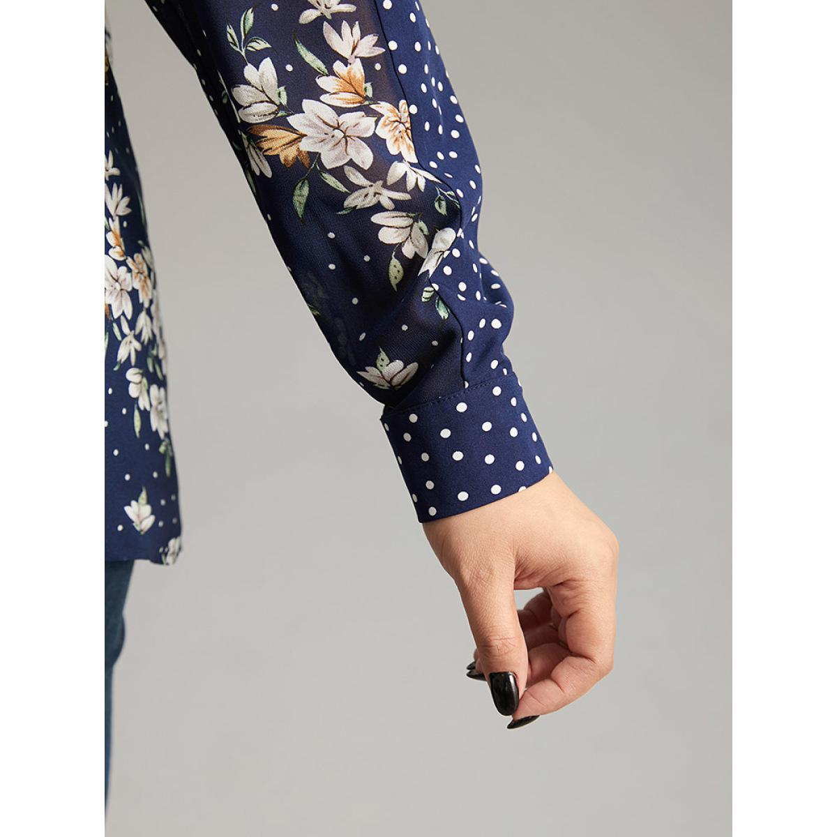 Plus Size DarkBlue Chiffon Floral Polka Dot Patchwork Frill Trim Mesh Blouse Women Elegant Long Sleeve V-neck Dailywear Blouses BloomChic 12/L Product Image