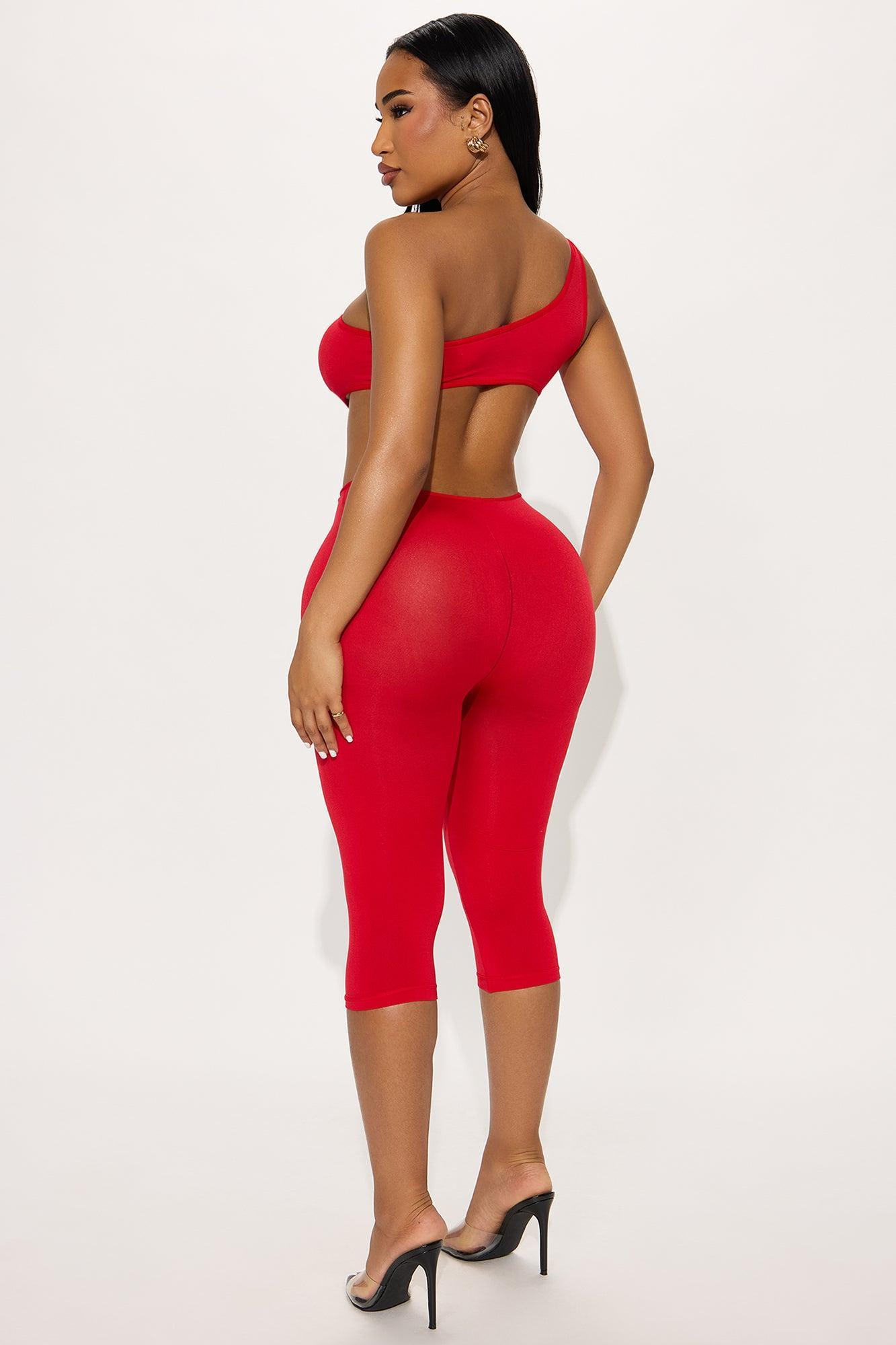 DON'T LOOK BACK ONE SHOULDER CROPPED CATSUIT - Red Product Image