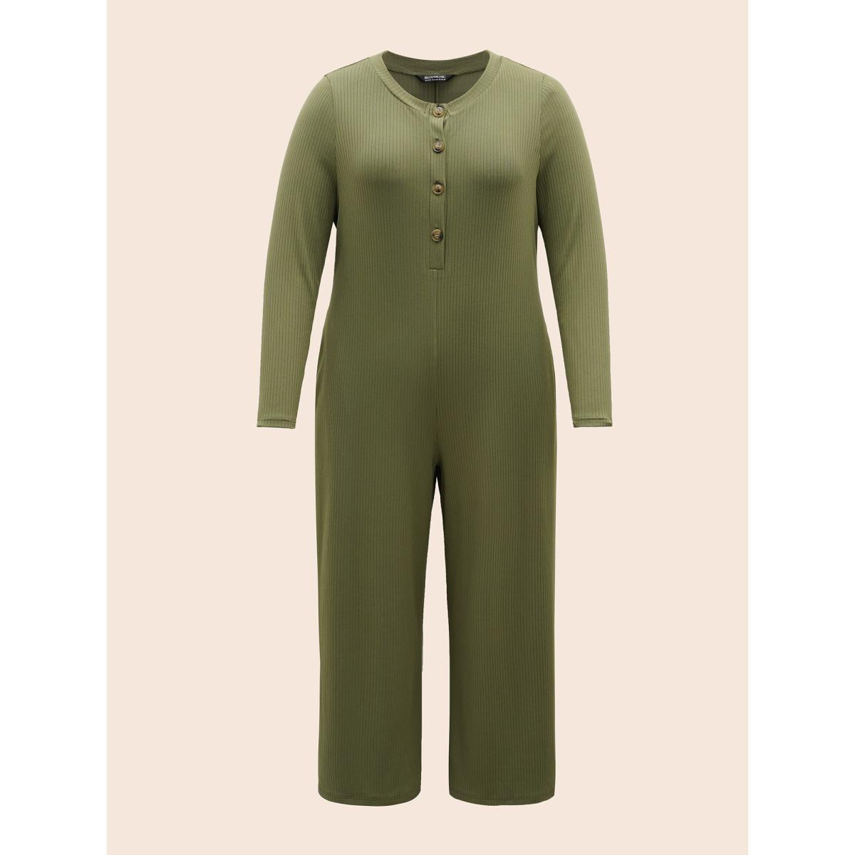 Plus Size ArmyGreen Supersoft Essentials Front Placket Onesie Women Casual Long Sleeve Round Neck Everyday Loose Jumpsuits BloomChic 10/M Product Image