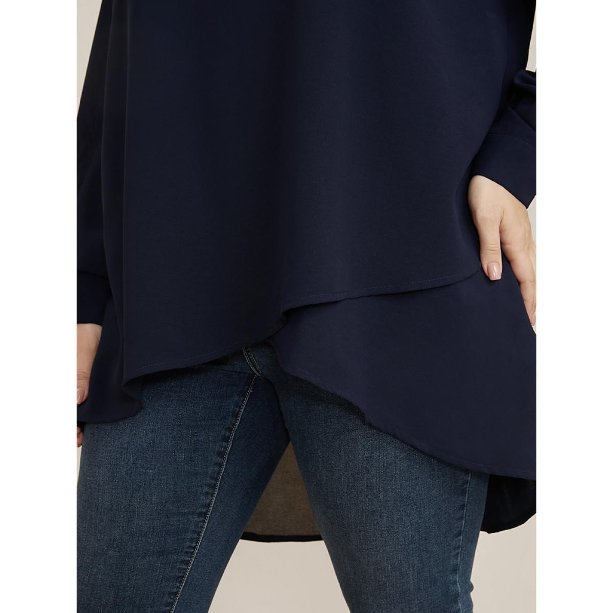 Plus Size DarkBlue Solid V Neck High Low Hem Blouse Women Office Long Sleeve V-neck Work Blouses BloomChic 30/6X Product Image