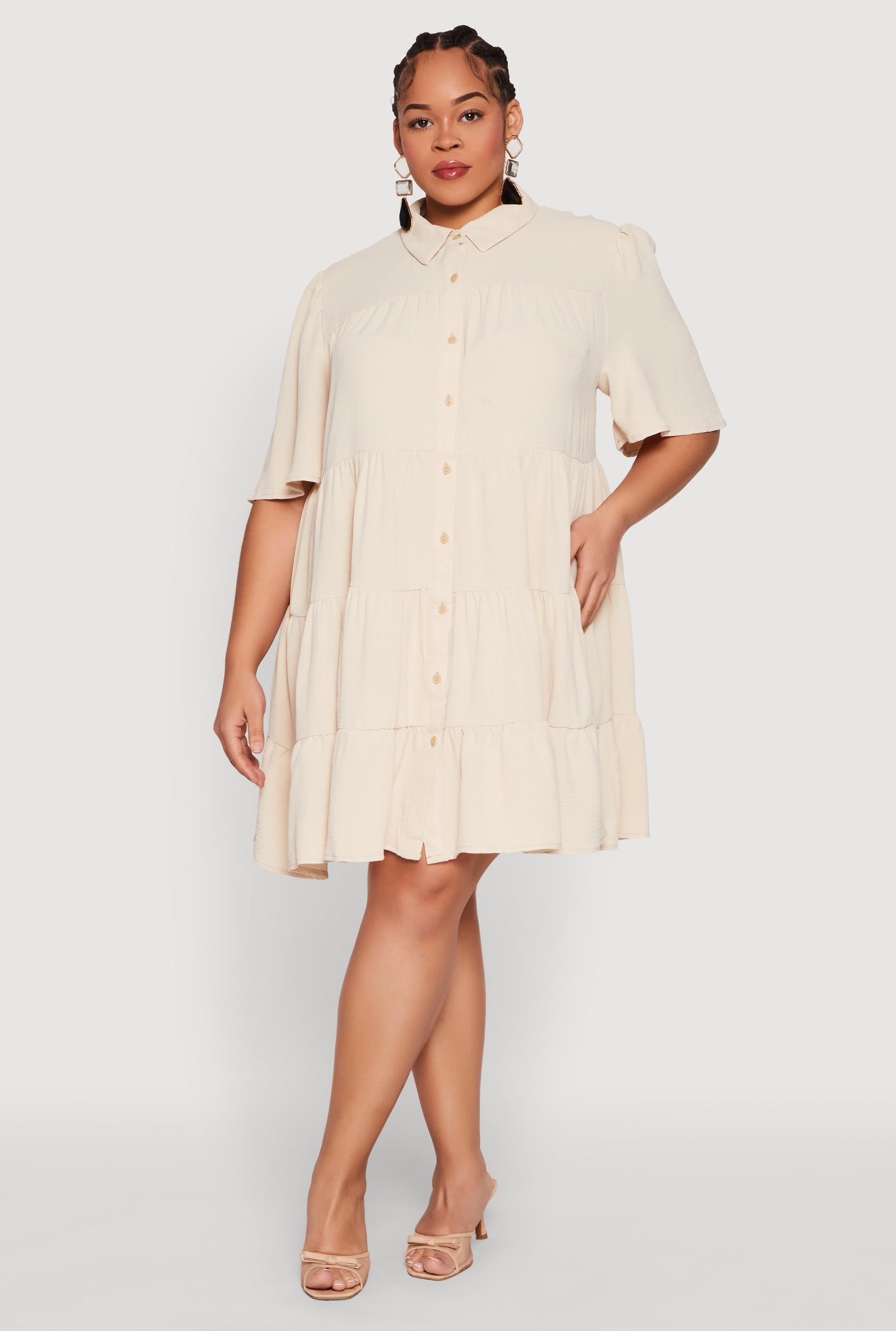 Womens Plus Size Airy Crepe Knit Tiered Shirt Dress Product Image