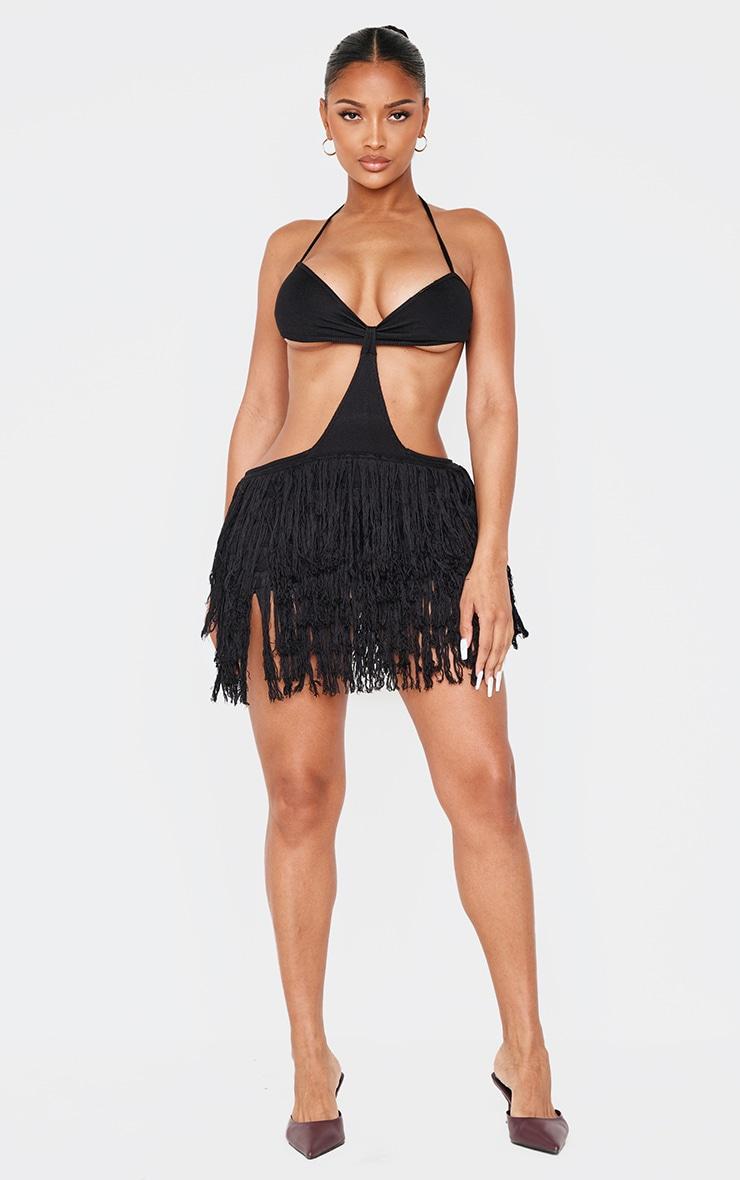 Shape Black Fringe Knit Cut Out Dress Product Image