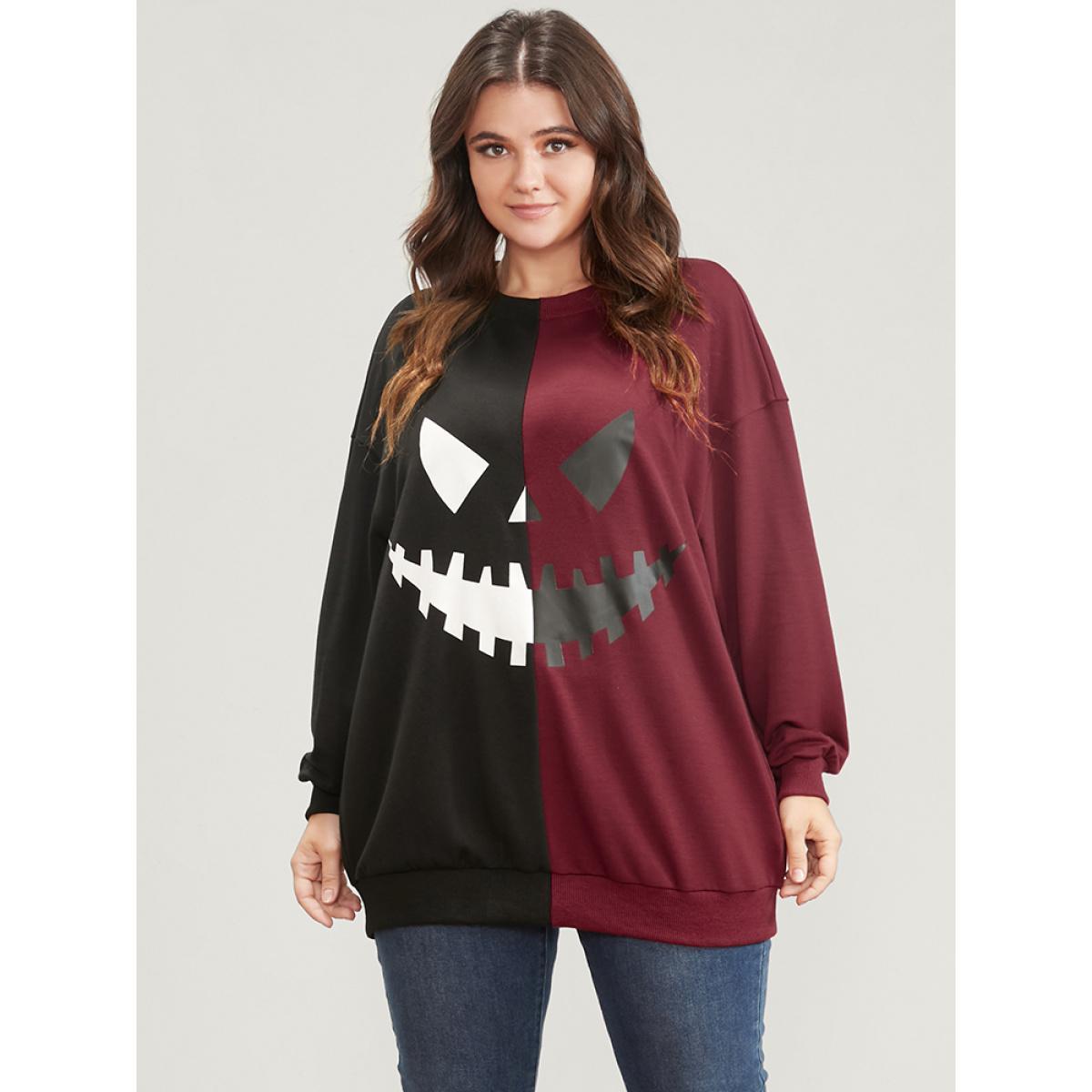 Plus Size Halloween Contrast Drop Shoulder Sweatshirt Women Scarlet Party Contrast Round Neck Festival-Halloween Sweatshirts BloomChic 10/M Product Image