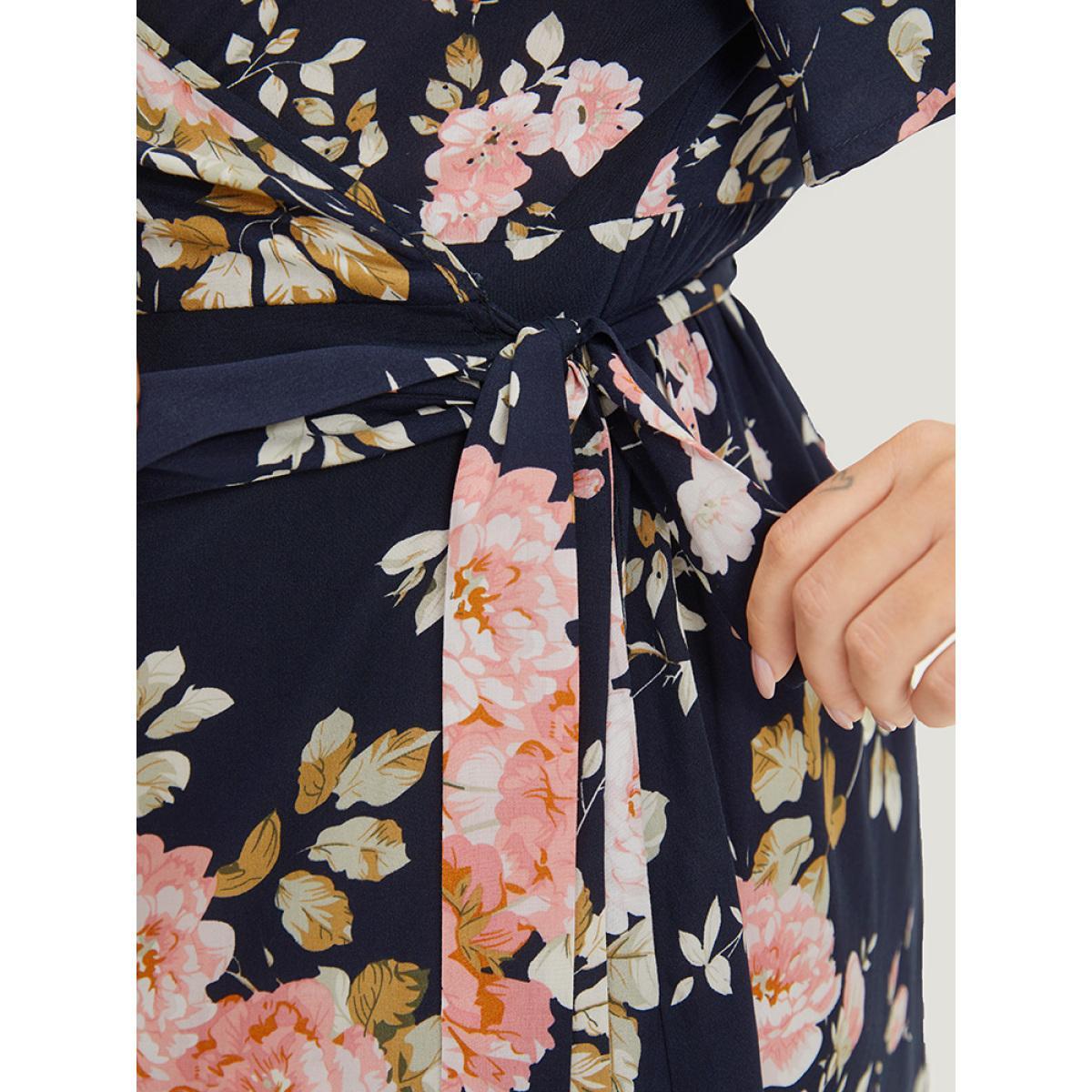 Plus Size Floral Print Pocket Knot Ruffle Sleeve Wrap Dress DarkBlue Women Elegant Wrap V-neck Half Sleeve Curvy Knee Dress BloomChic 28/5X Product Image