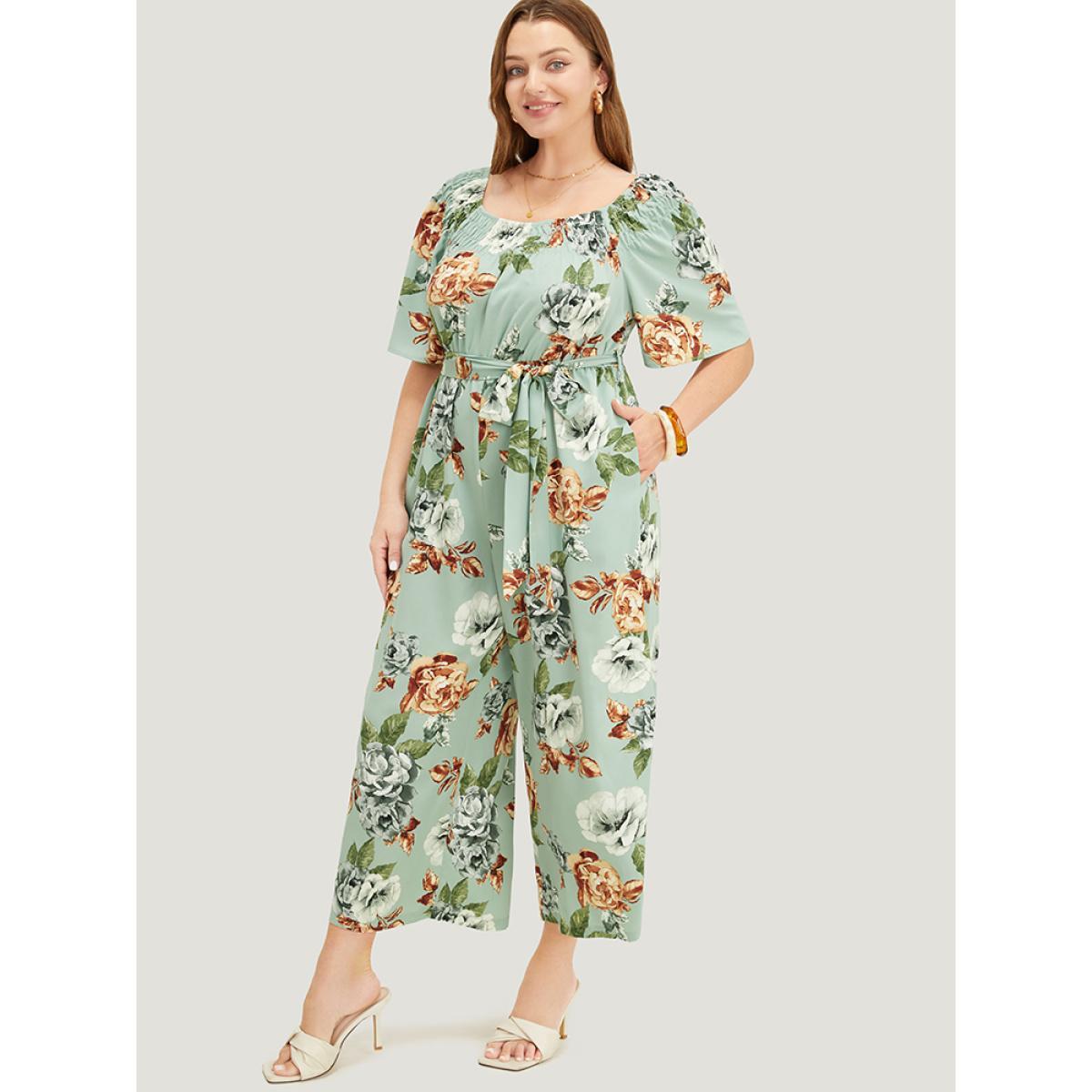 Plus Size Sage Floral Flutter Sleeve Gathered Belt Pocket Jumpsuit Women Elegant Short sleeve Round Neck Dailywear Loose Jumpsuits BloomChic 12/L Product Image