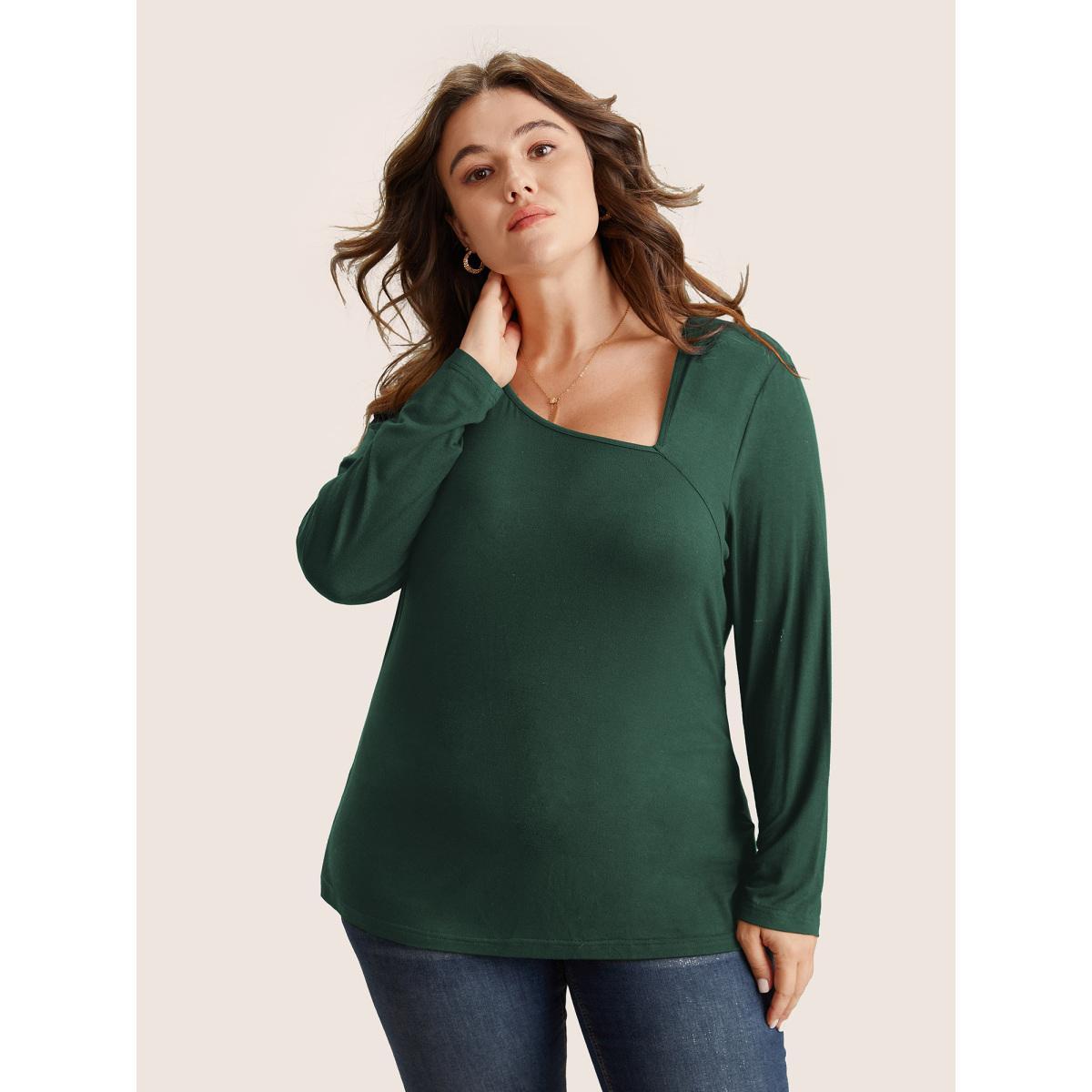 Plus Size Solid Asymmetrical Neck Knit T-shirt DarkGreen Women Elegant Non Plain Asymmetrical Neck Everyday T-shirts BloomChic 26/4X Product Image