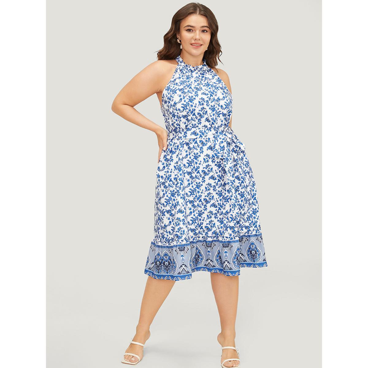 Plus Size Bandana Print Halter Ruffle Hem Pocket Belt Paisley Dress Indigo Women Vacation Belted Halter neck Sleeveless Curvy Knee Dress BloomChic 26/4X Product Image