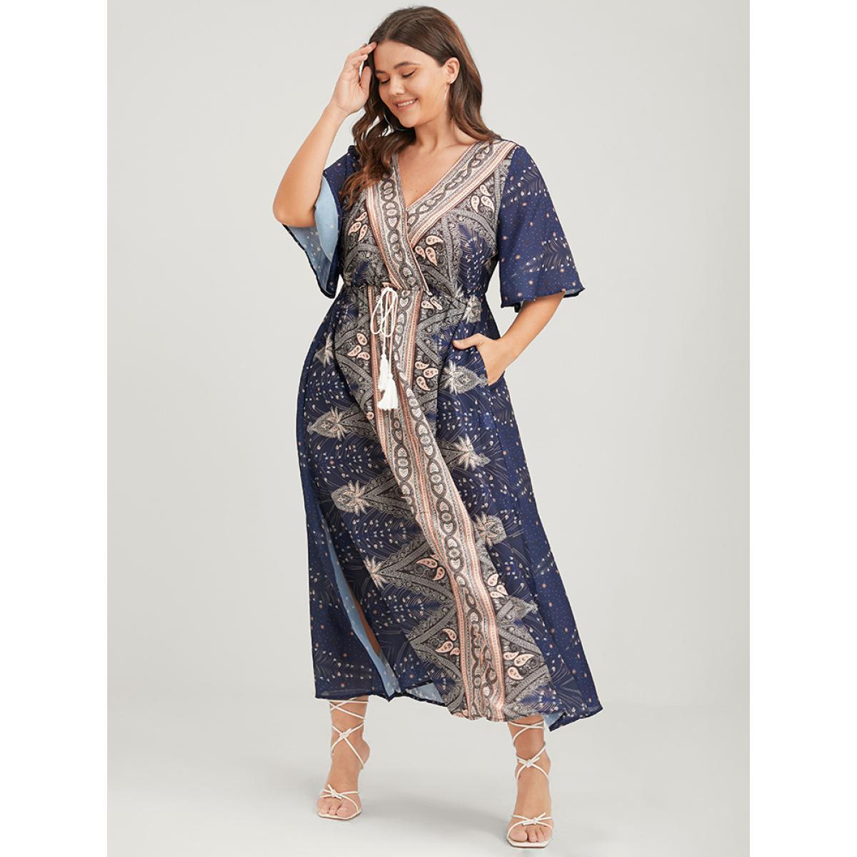Plus Size Bandana Ruffles Button Split Pocket Ties Wrap Maxi Dress DarkBlue Women Vacation Printed V-neck Half Sleeve Curvy Long Dress BloomChic 28/5X Product Image