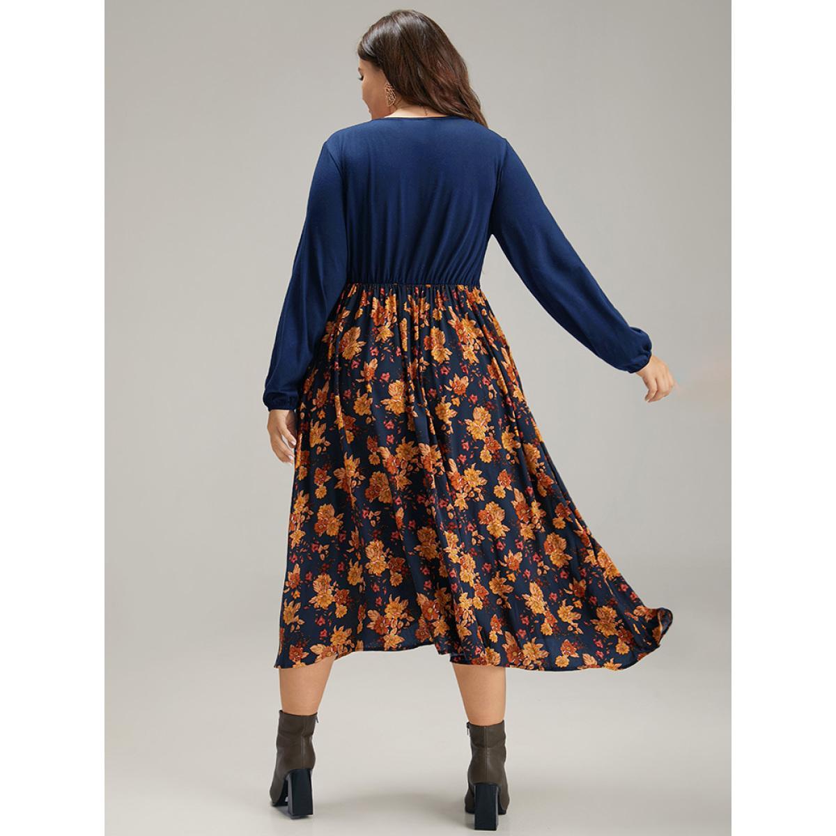 Plus Size Supersoft Essentials Floral Patchwork Twist Front Dress DarkBlue Women Elegant Elastic cuffs V-neck Long Sleeve Curvy Midi Dress BloomChic 28/5X Product Image