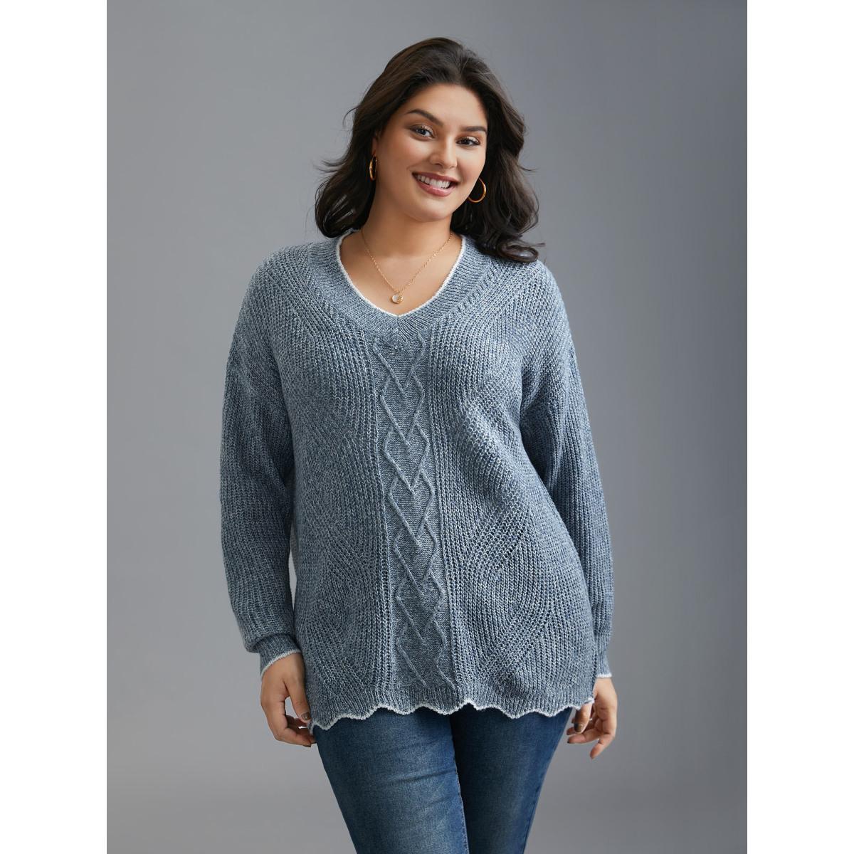 Plus Size Plain Textured Contrast Trim Cable Knit Pullover LightBlue Women Casual Loose Long Sleeve V-neck Everyday Pullovers BloomChic 28/5X Product Image