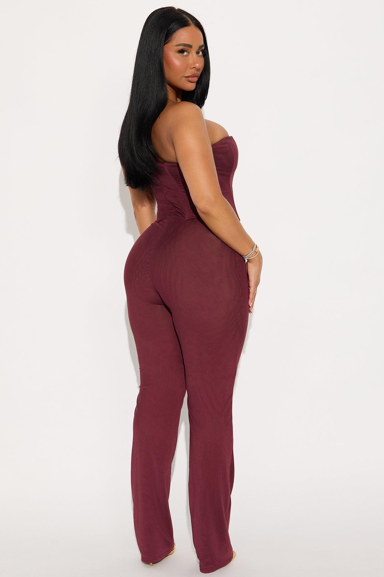 Martina Mesh Double Lined Straight Leg Jumpsuit - Burgundy Product Image