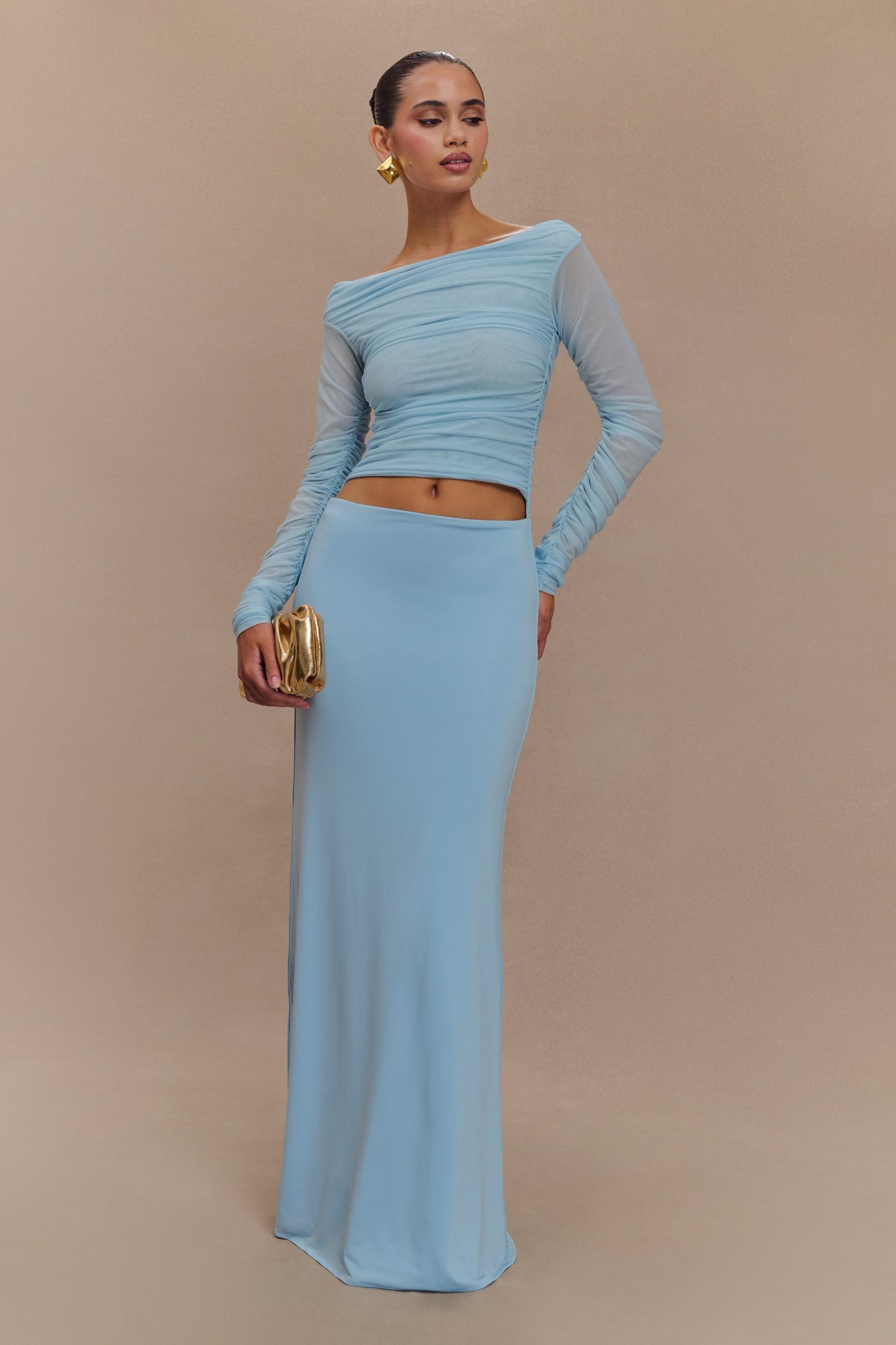 Darla Mesh And Slinky Off Shoulder Maxi Dress - Sky Blue Product Image