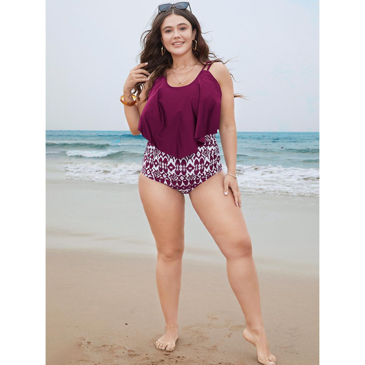 Plus Size Geometric Patchwork Ruffle Trim One Piece Swimsuit Women's Swimwear RedViolet Vacation Adjustable Straps Curve Bathing Suits High stretch One Pieces BloomChic 28/5X Product Image
