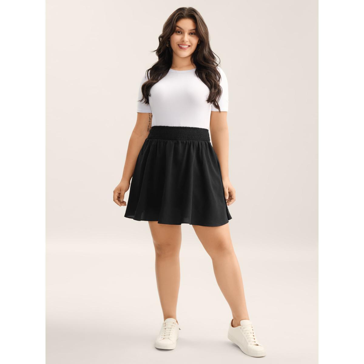Plus Size Shirred Waist Pockets Flowy Mini Skirt Women Black No stretch Side seam pocket Everyday-Casual Skirts BloomChic 22-24/3X Product Image