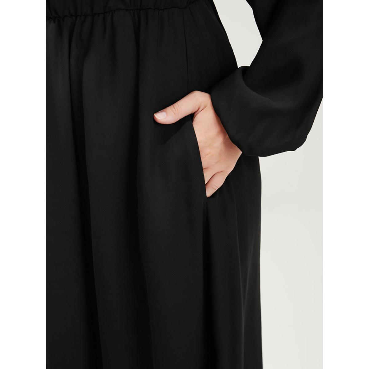 Plus Size Plain Lantern Sleeve Pocket Ruffle Trim V Neck Split Dress Black Women Elegant Elastic Waist V-neck Long Sleeve Curvy Midi Dress BloomChic 12/L Product Image