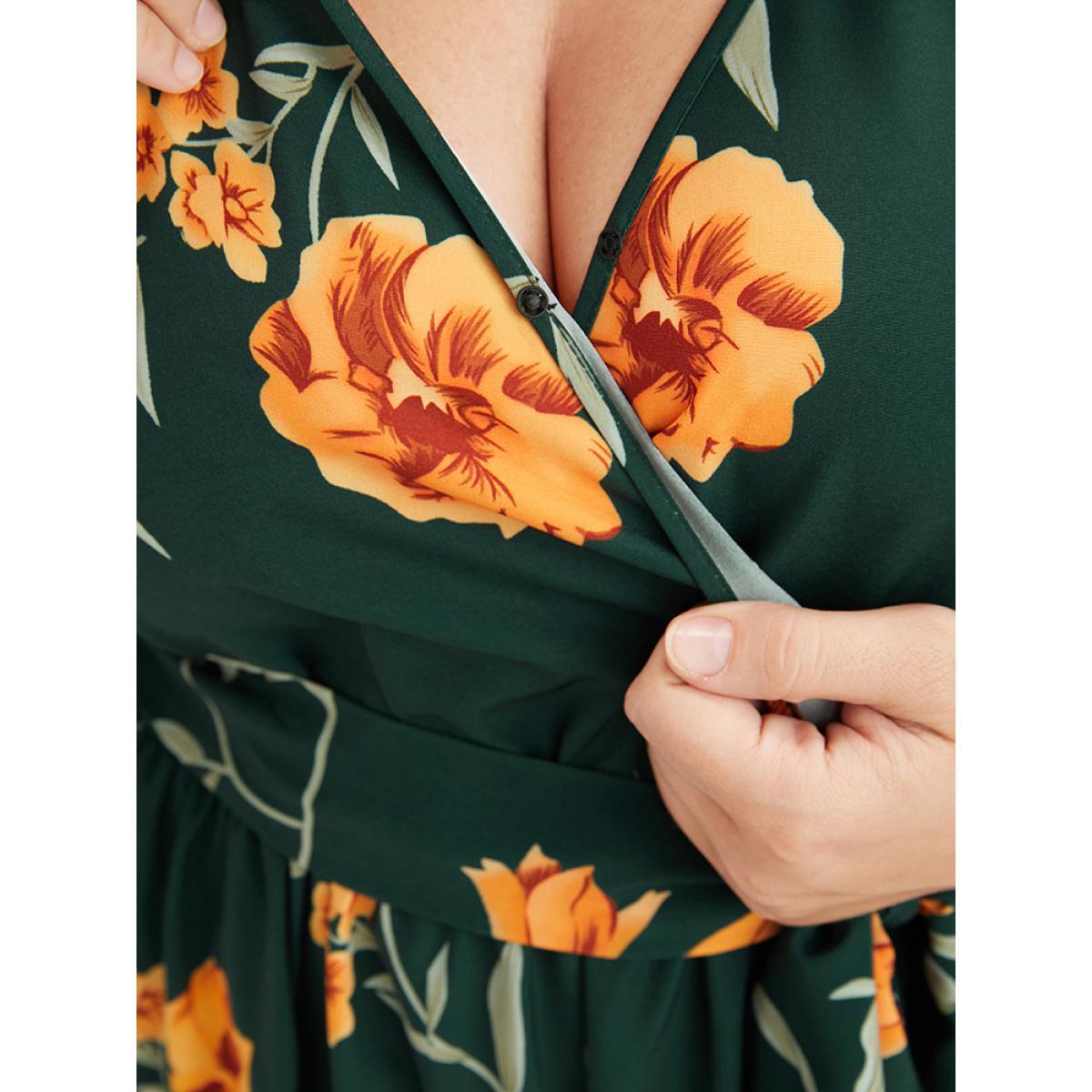 Plus Size Floral Pocket Lantern Sleeve Flutter Split Hem Ties Wrap Dress DarkGreen Women Elegant Cross straps V-neck Long Sleeve Curvy Midi Dress BloomChic 26/4X Product Image