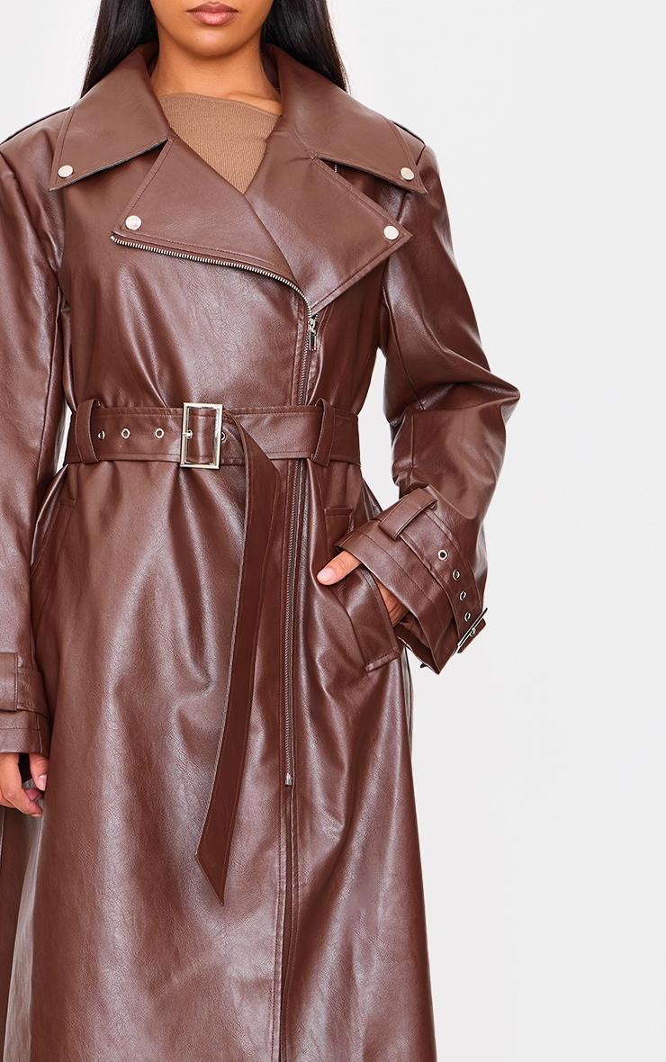 Brown Faux Leather Belted Trench Coat Product Image