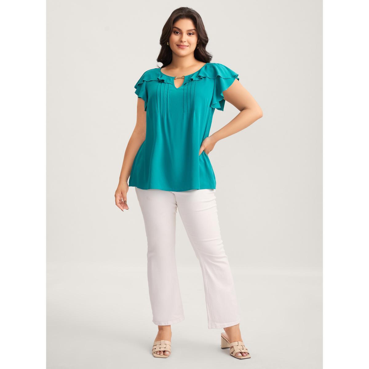 Plus Size Teal Ruffled Neck Metal Cut-Out Blouse Women Cap Sleeve Notched collar Everyday-Elegant Blouses BloomChic 10/M Product Image