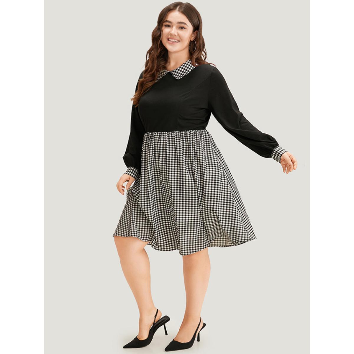 Plus Size Gingham Patchwork Pocket Shirt Collar Dress Black Women Office Patchwork Shirt collar Long Sleeve Curvy Midi Dress BloomChic 12/L Product Image
