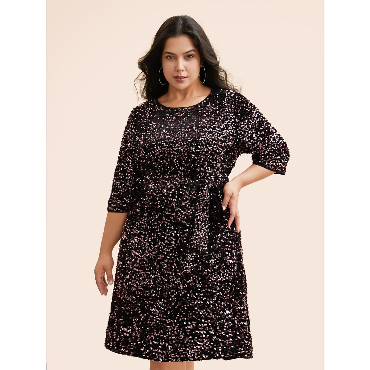 Plus Size Sequin Round Neck Dress Black Women Cocktail Texture Party Curvy Bloomchic 30/6X Product Image