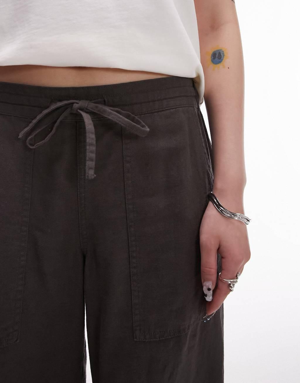 Topshop Petite linen low rise draw cord waist straight leg pants in charcoal Product Image