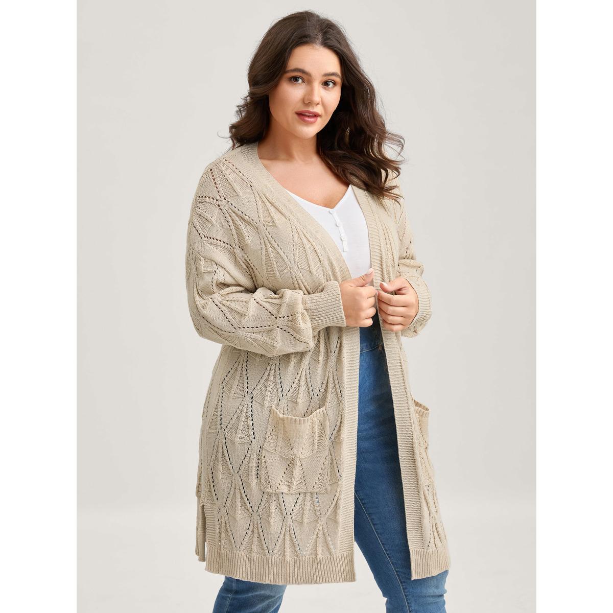Plus Size Textured Cut-Out Slit Pockets Knit Cardigan Apricot Women Loose Long Sleeve Everyday-Casual Cardigans BloomChic 12/L Product Image
