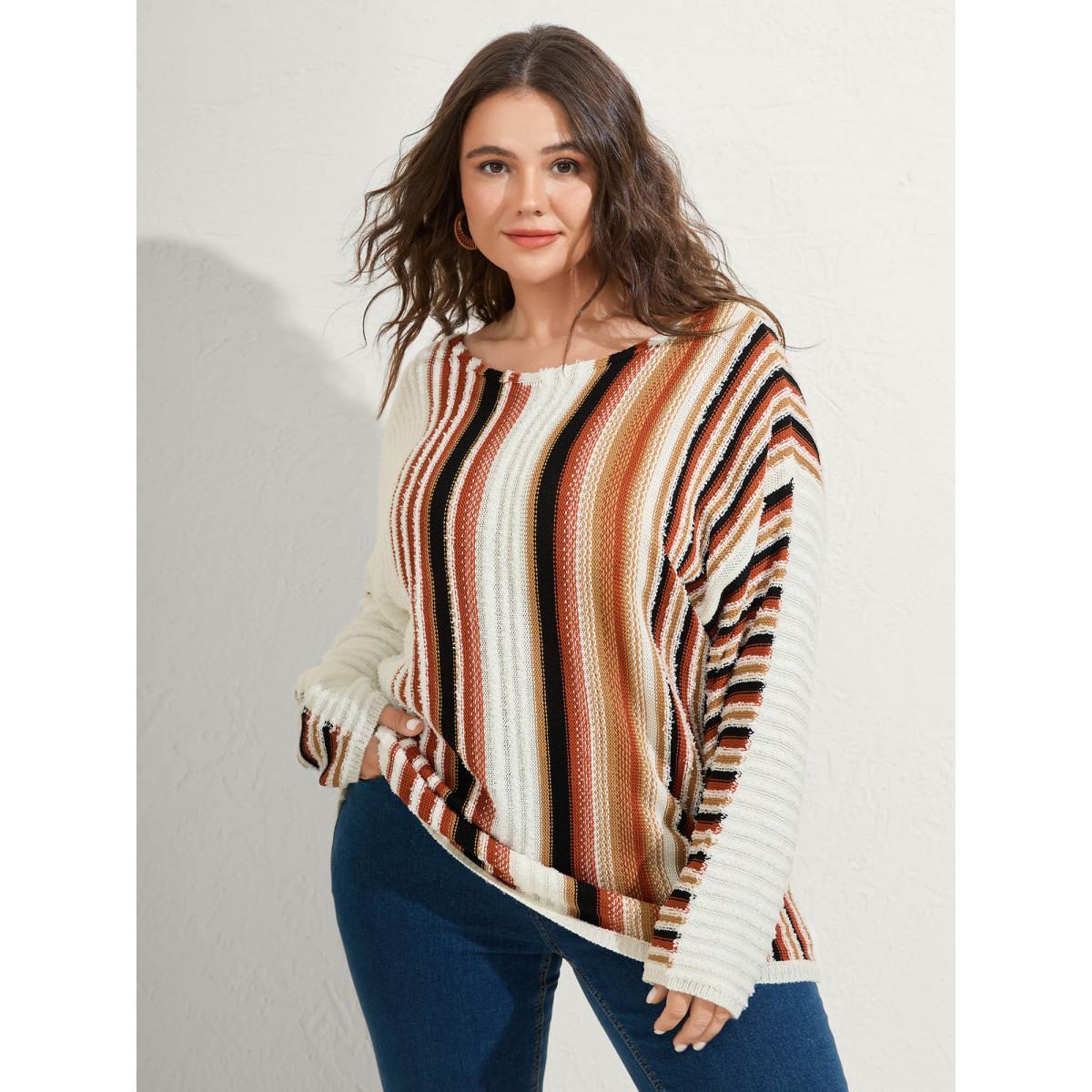 Plus Size Earthy Stripes Drop Shoulder Lightweight Pullover Ivory Women Resort Loose Long Sleeve Boat Neck Vacation Pullovers BloomChic 28/5X Product Image