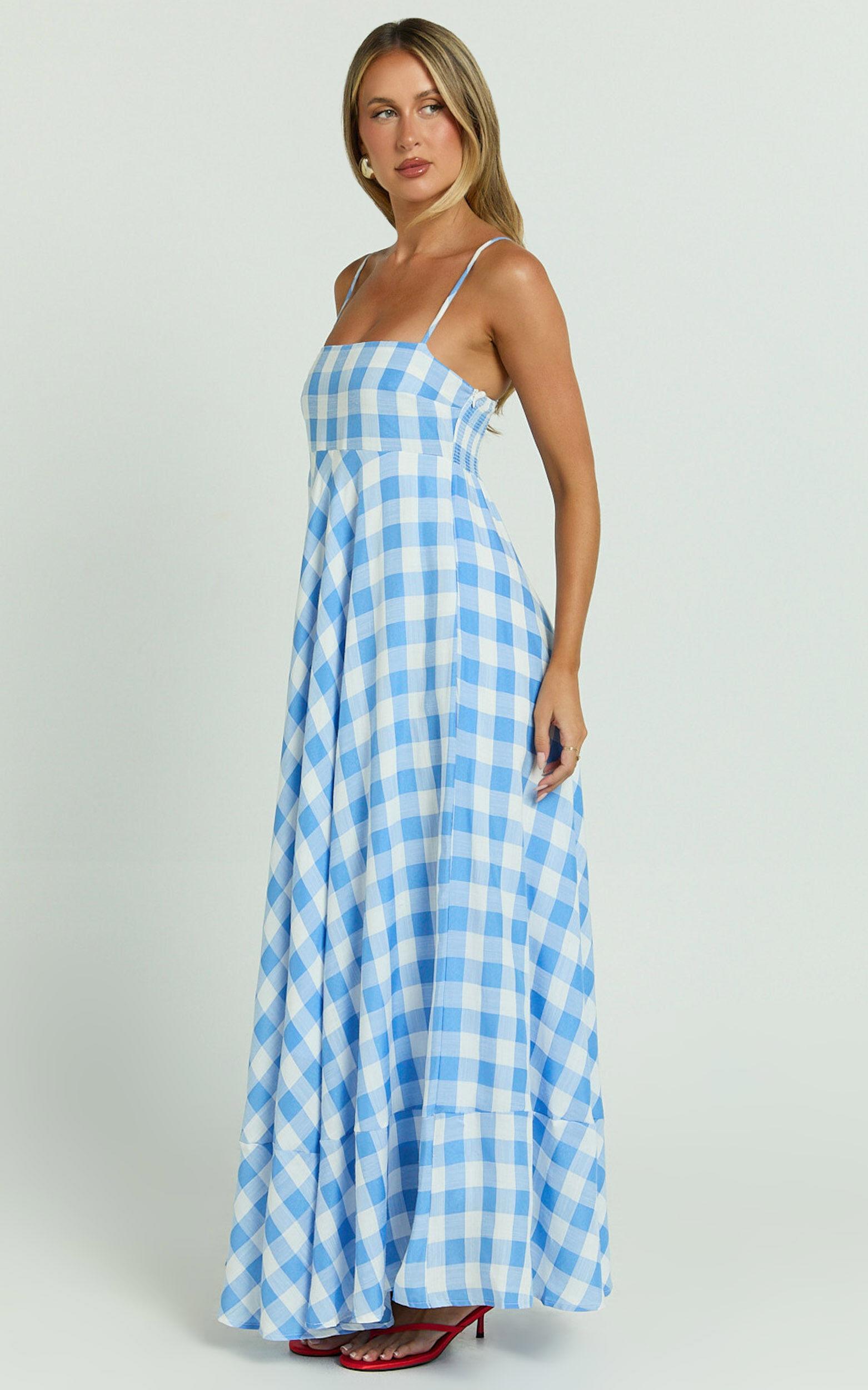 Katrien Maxi Dress - Strappy Empire Waist Flare Dress in Blue Check Product Image