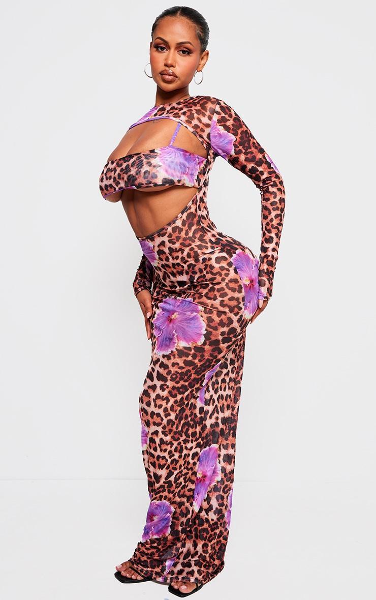 Shape Purple Leopard Printed Mesh Open Back Maxi Dress With Bralet Insert Product Image