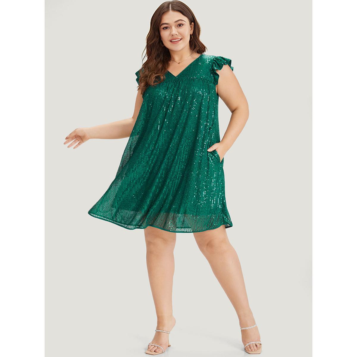 Plus Size Sequin Mesh Pocket Cap Sleeve Ruffle Trim Dress Emerald Women Party Plain V-neck Half Sleeve Curvy Knee Dress BloomChic 28/5X Product Image