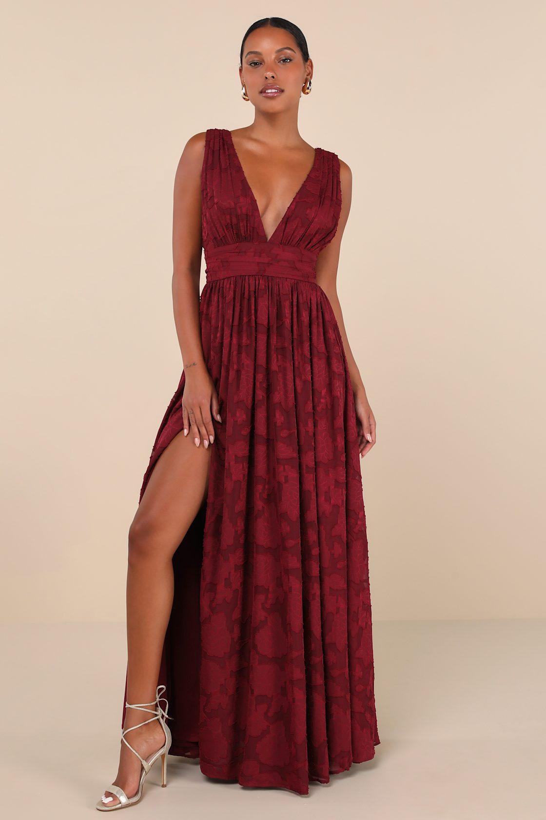 Sweet Sophistication Burgundy Burnout Floral Maxi Dress Product Image