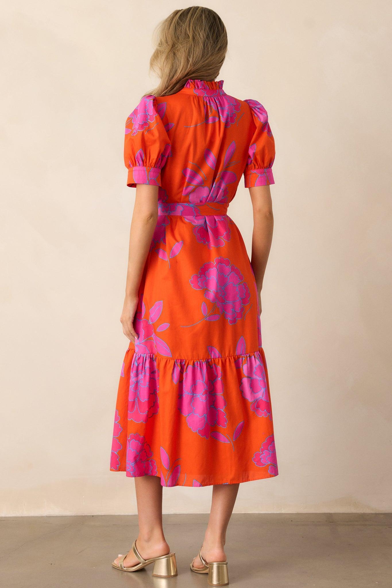 Free To Fly Cotton Orange Floral Button Front Midi Dress Product Image
