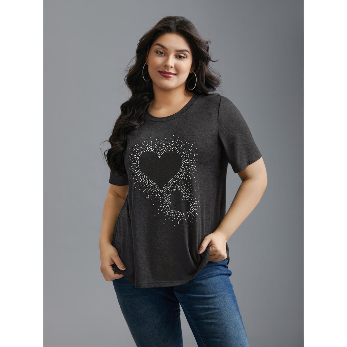 Plus Size Crew Neck Rhinestone Heart T-Shirt DarkBlue Women Casual Rhinestone detailing Round Neck Everyday T-shirts BloomChic 18-20/2X Product Image