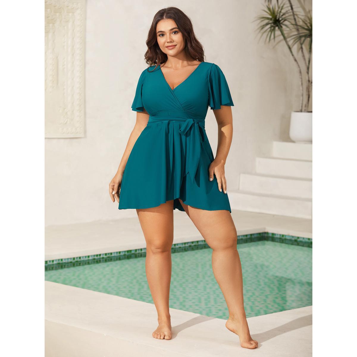 Plus Size Belted Lotus Leaf Sleeve Swim Dress Women's Swimwear Teal Beach Bodycon Overlap Collar High stretch Curve Swim Dresses BloomChic 26/4X Product Image