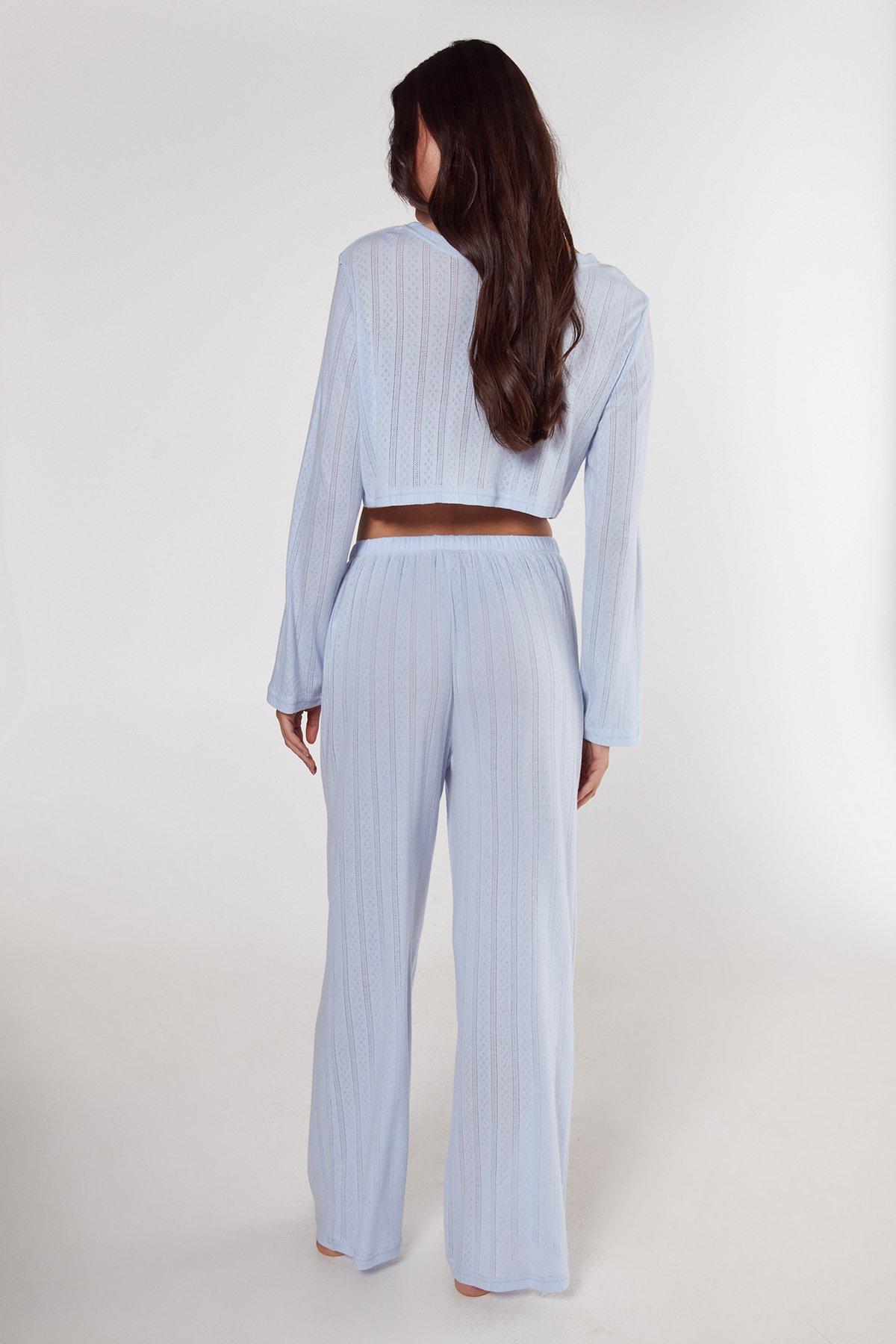 Pointelle Long Sleeve Cropped Top And Trouser Pajama Set Product Image