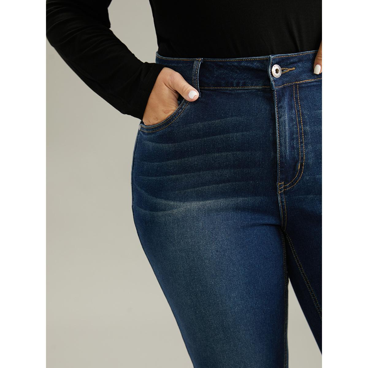 Plus Size Dark Wash Button Up Straight Leg Jeans Women DarkBlue Casual Plain Plain High stretch Pocket Jeans BloomChic 24/3X Product Image