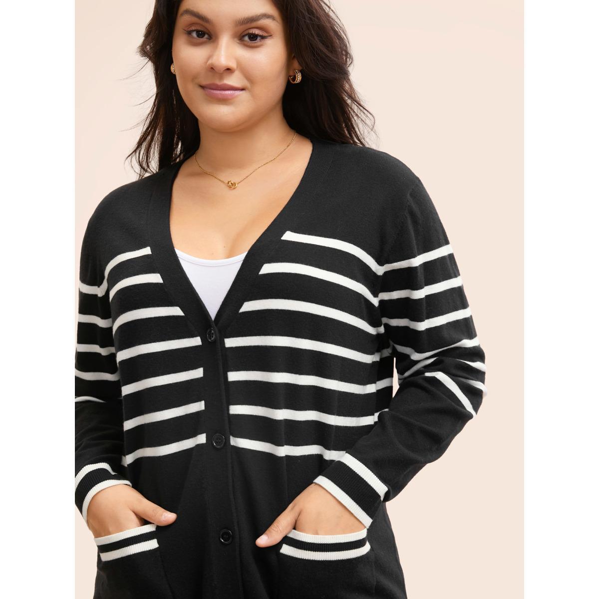 Plus Size Striped V Neck Button Up Pocket Cardigan Black Women Casual Loose Long Sleeve Everyday Cardigans BloomChic 12/L Product Image