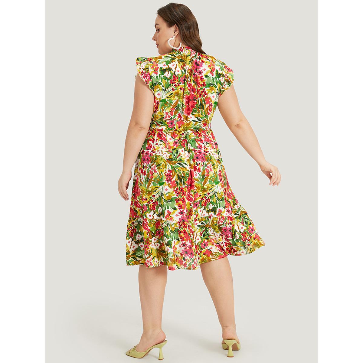 Plus Size Pixel Flower Ruffle Trim Pocket Belt Mock Neck Knee Dress Apricot Women Elegant Gathered Mock Neck Cap Sleeve Curvy Midi Dress BloomChic 18-20/2X Product Image