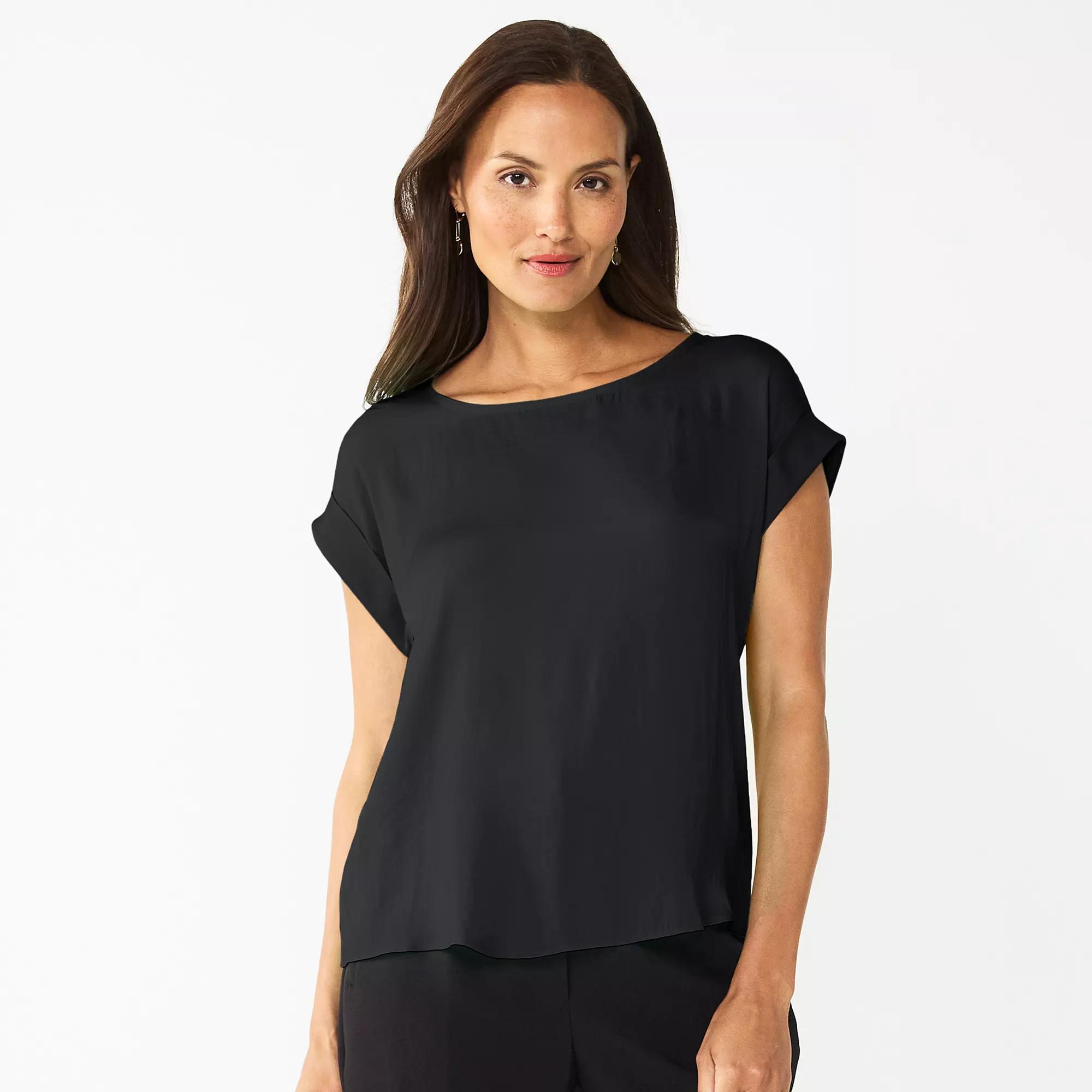 Women's Nine West Roll Cuff Woven Tee, Size: Large, Black Product Image