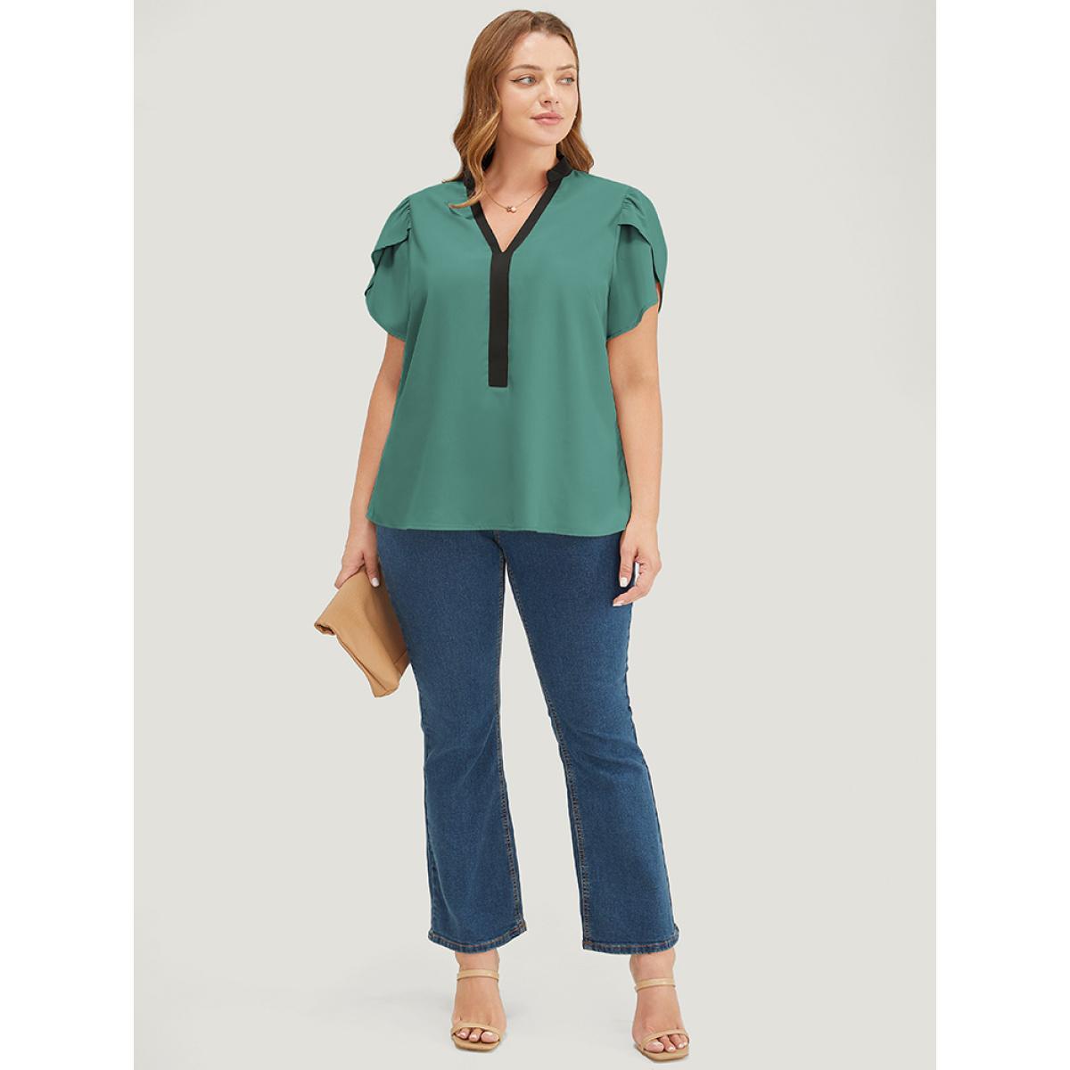 Plus Size Teal Plain Contrast Trim Split Petal Sleeve Blouse Women Office Short sleeve Stand-up collar Dailywear Blouses BloomChic 22-24/3X Product Image