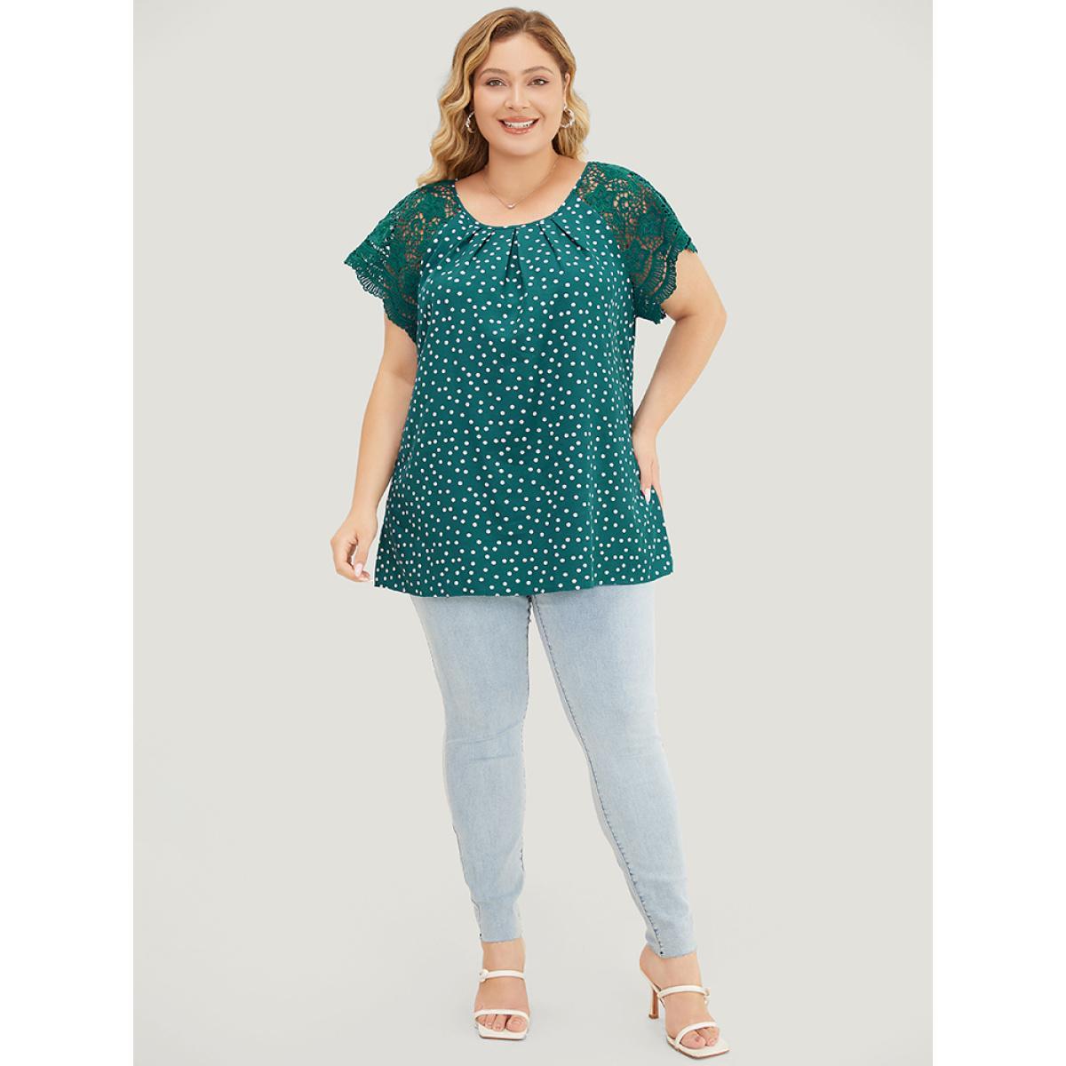 Plus Size Emerald Polka Dot Pleated Detail Lace Raglan Sleeve Blouse Women Elegant Short sleeve Round Neck Dailywear Blouses BloomChic 30/6X Product Image