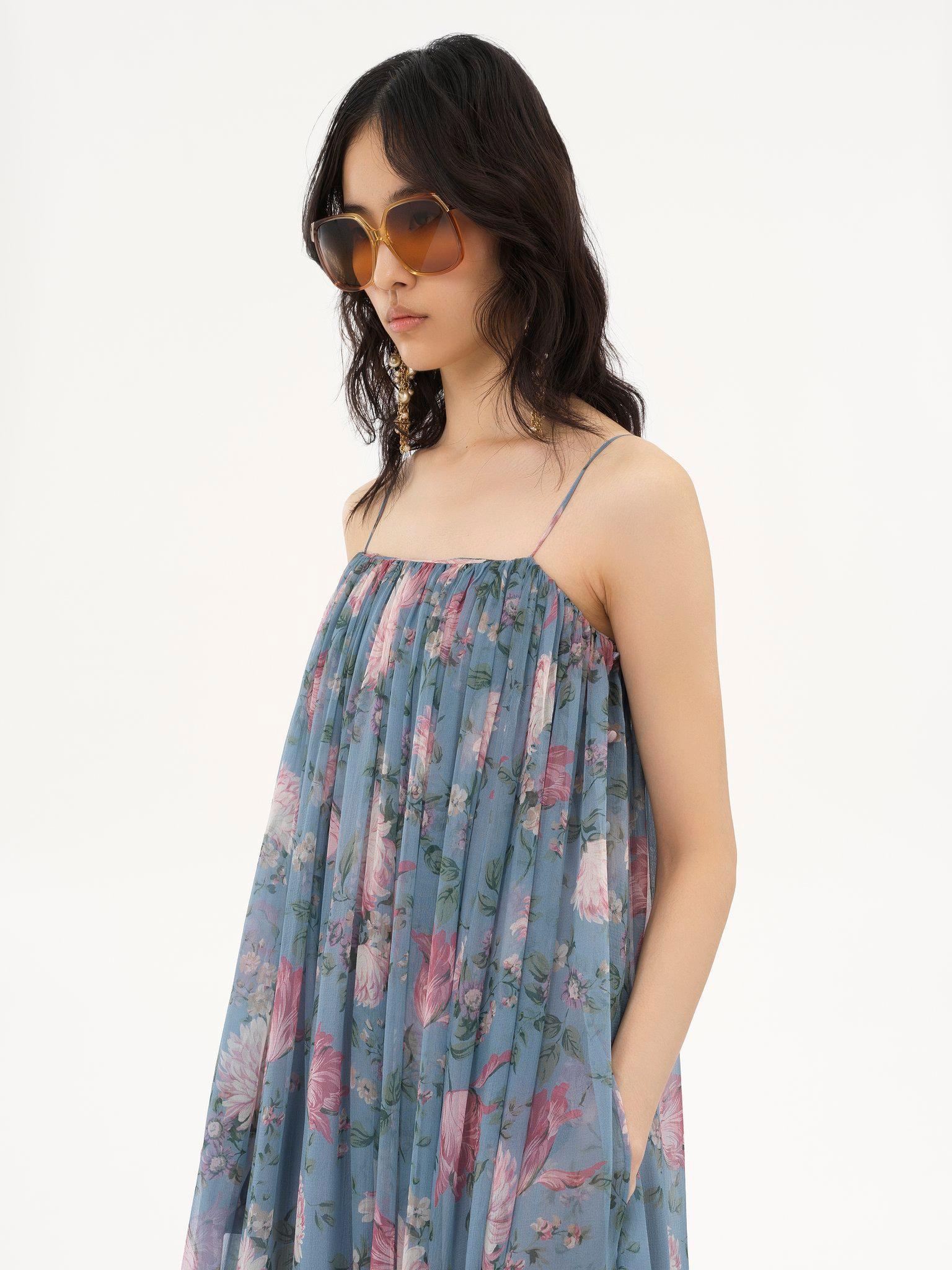 Sleeveless long dress in silk mousseline Product Image
