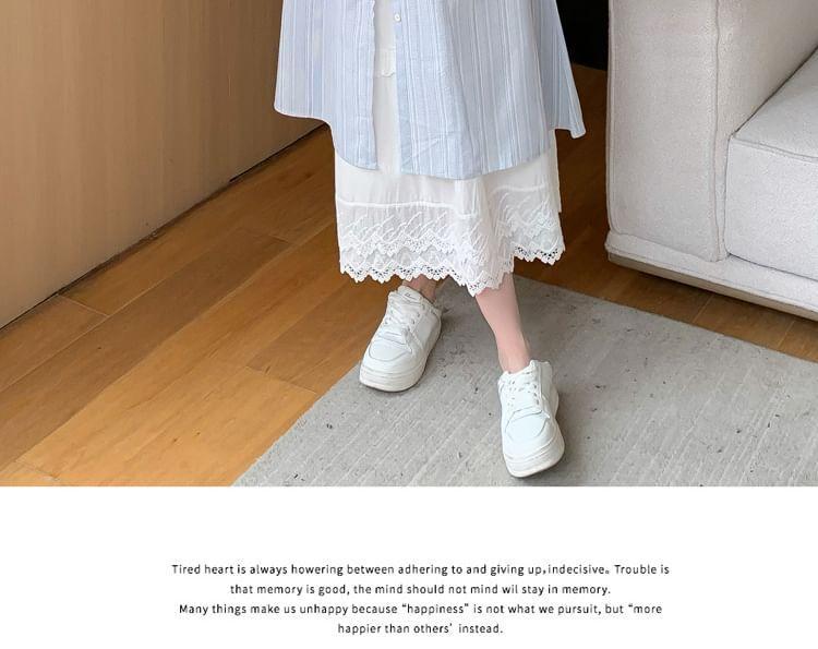 Maternity Short-Sleeve Band Collar Striped Midi A-Line Dress / High Rise Plain Lace Midi A-Line Skirt Product Image